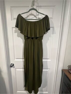 Off-Shoulder Olive Green Maxi Dress